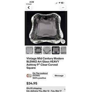 Vintage Blenko Art Glass Heavy Clear Square Ashtray 9 In Mid Century Modern MCM